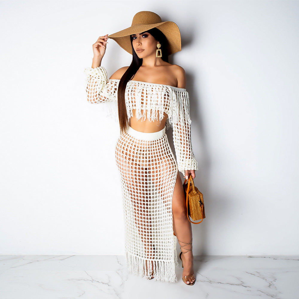 ST-dress plus size Fashion hollow sexy mesh tassel perspective two-piece set