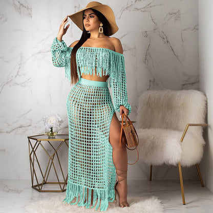 ST-dress plus size Fashion hollow sexy mesh tassel perspective two-piece set