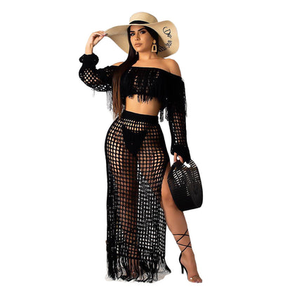 ST-dress plus size Fashion hollow sexy mesh tassel perspective two-piece set