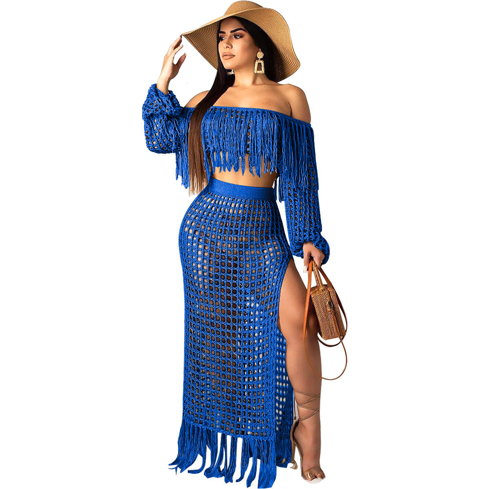 ST-dress plus size Fashion hollow sexy mesh tassel perspective two-piece set