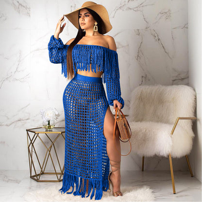 ST-dress plus size Fashion hollow sexy mesh tassel perspective two-piece set