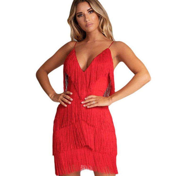 ST-dress Fringe patchwork backless deep V-neck dress