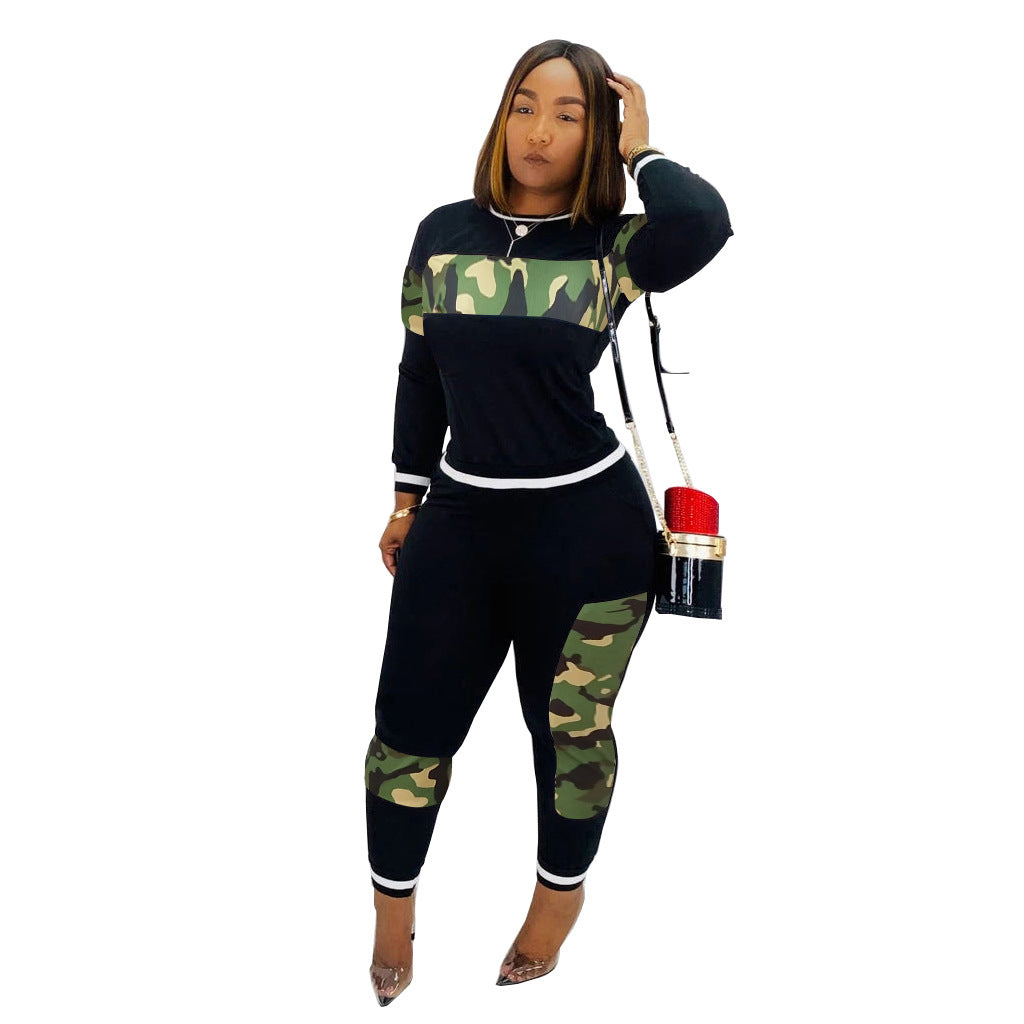 ST-dress Casual round neck leopard print camouflage patchwork pants set