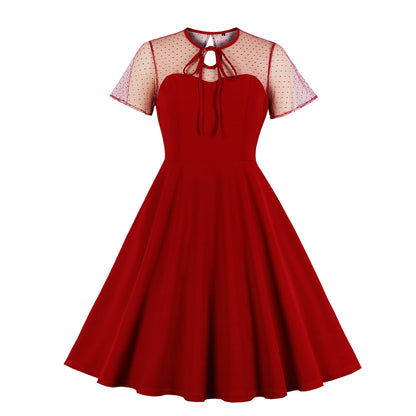 ST-dress Vintage gauze polka-dot patchwork pompadour dress