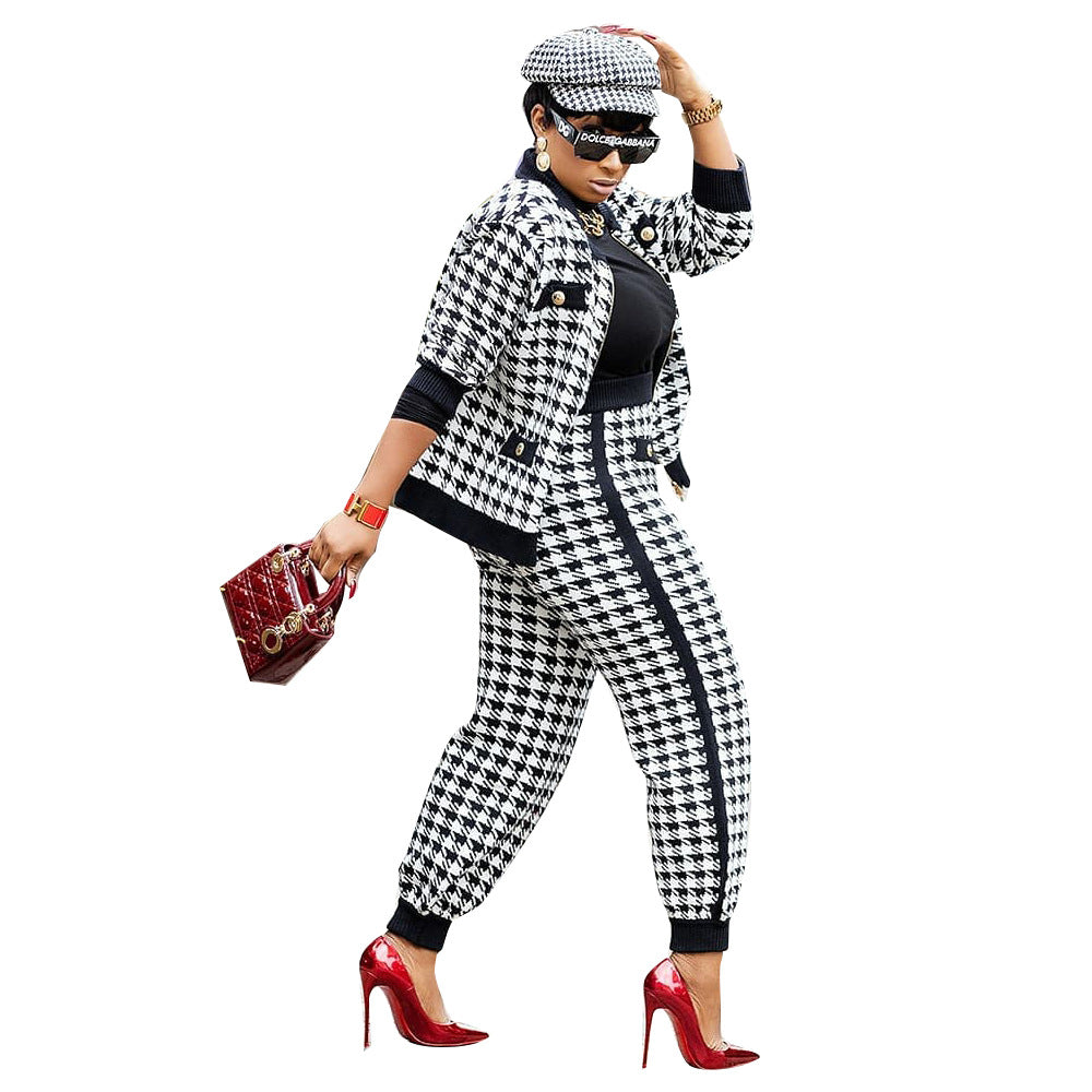 ST-dress Plus size Casual houndstooth printed button suit