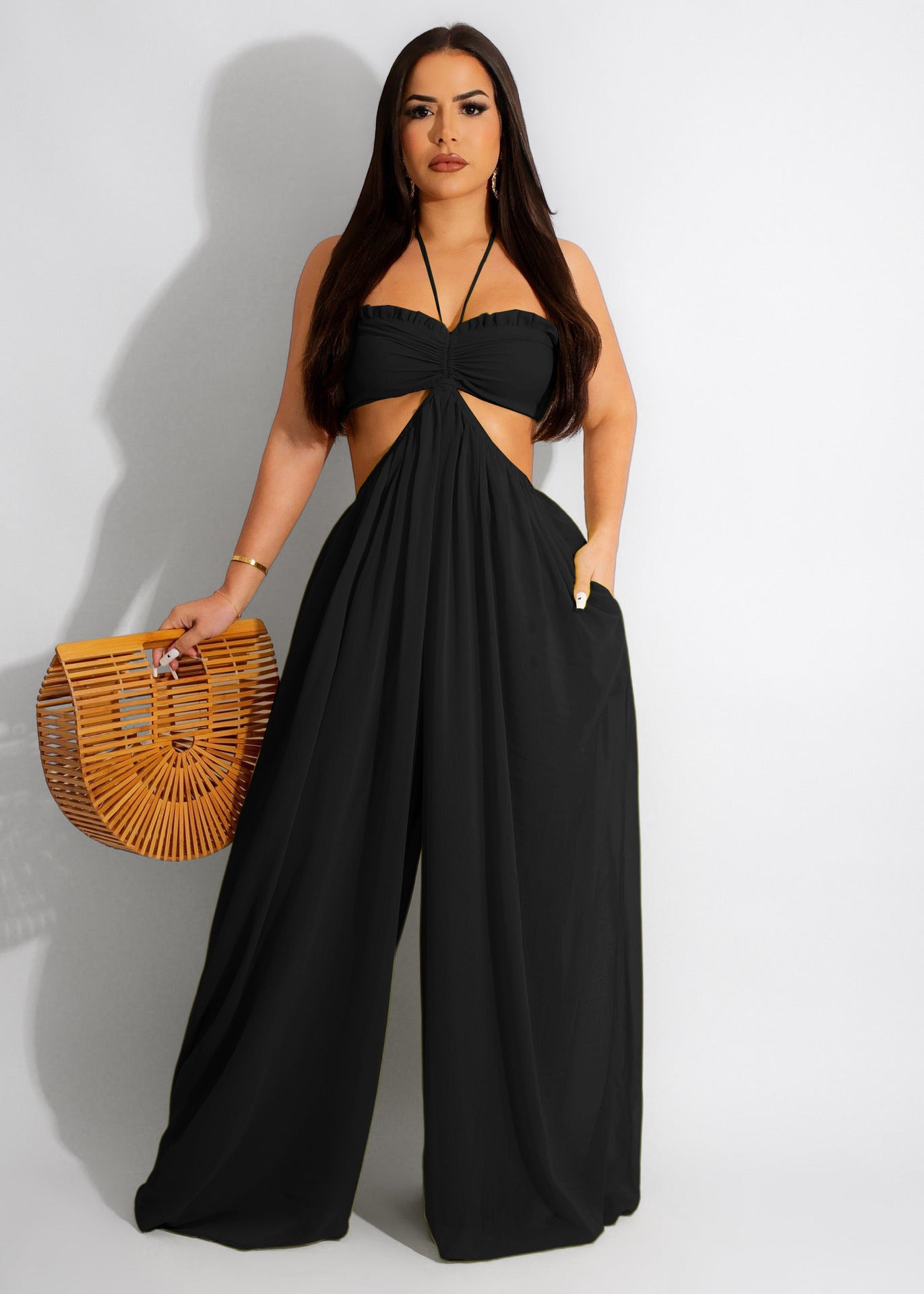 ST-dress Chiffon chest wrap backless wide leg jumpsuit