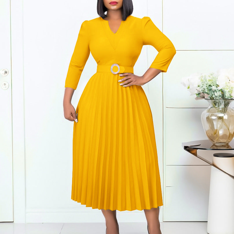 Women's V-Neck Fashion Temperament Elegant Press-Pleated Dresses