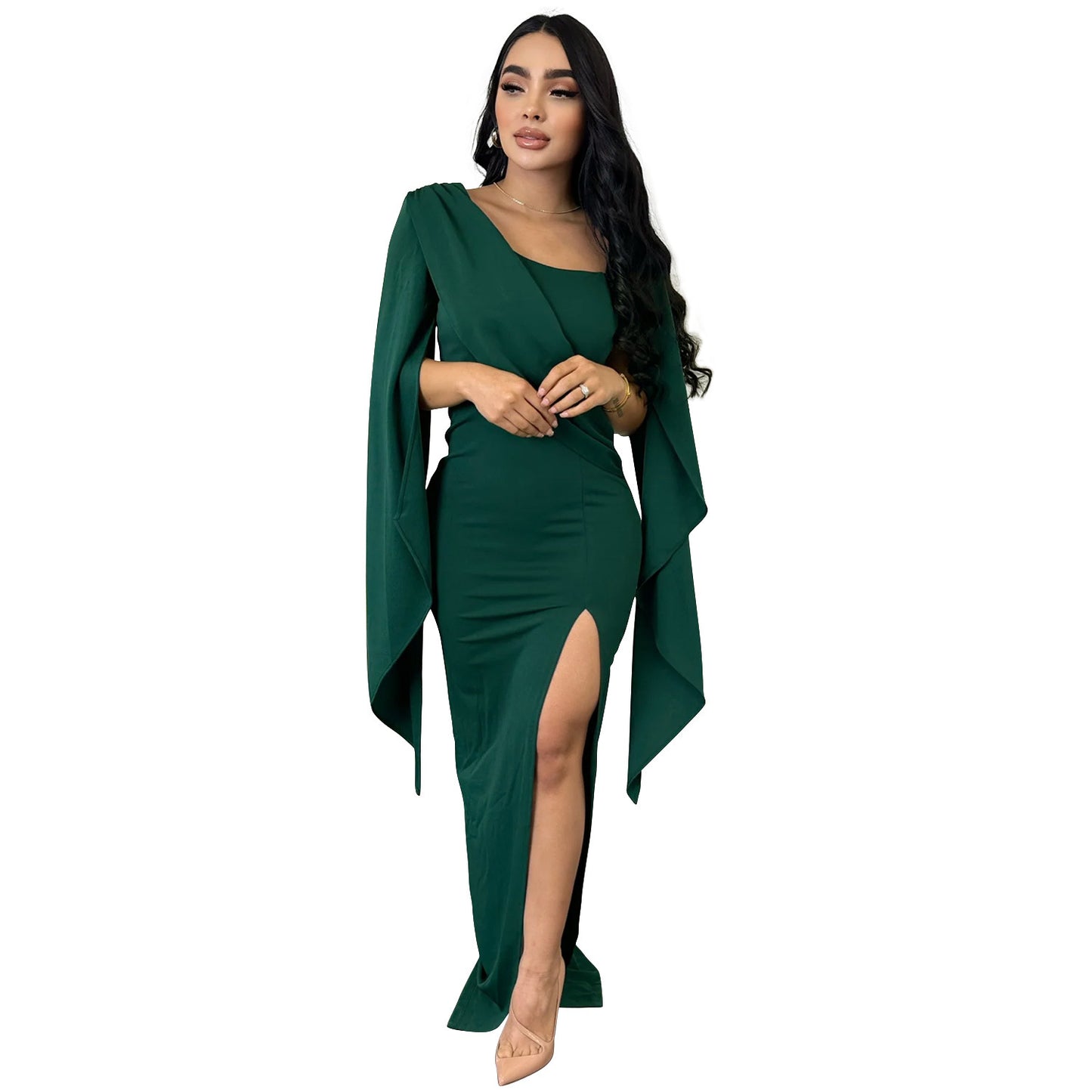 ST-dress Solid color long sleeve split pleated maxi dress