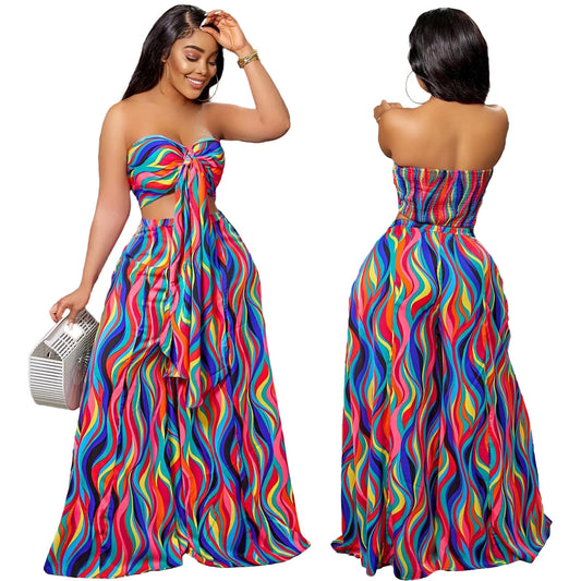 ST-DRESS Two piece set of printed bandage, strapless and wide leg pants