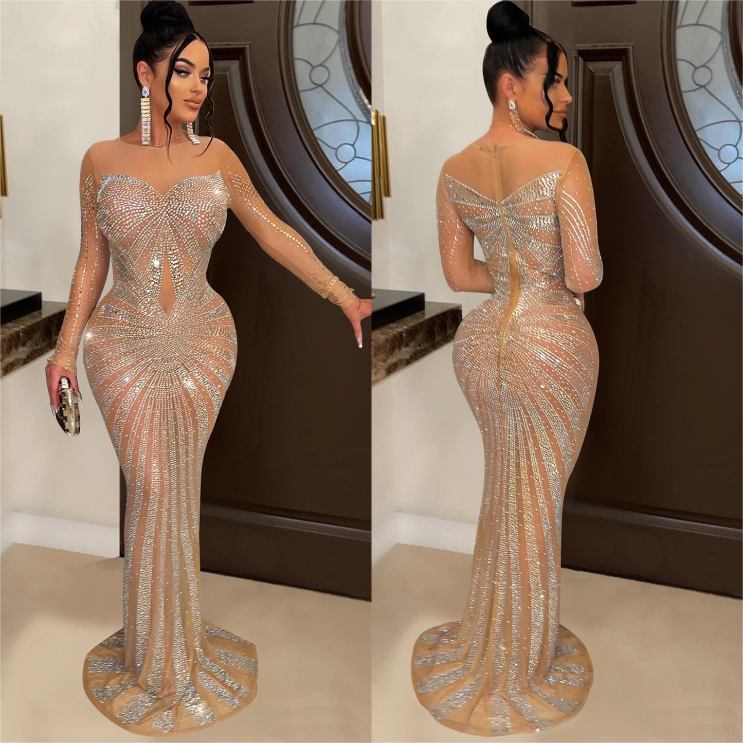 ST-dress Solid color mesh perspective hot diamond long sleeve maxi dress