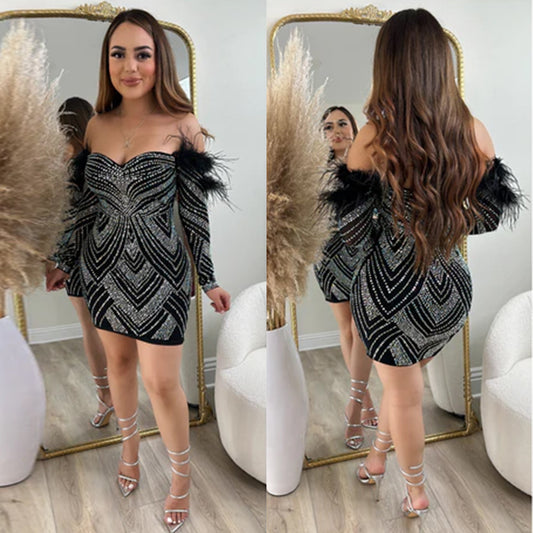 ST-dress plus size Hot drill feather stretch one-shoulder dress