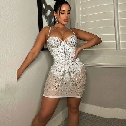 Sexy plus size slim fit hot diamond tassel dress