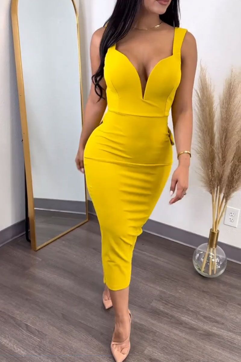 ST-dress plus size Solid color wrap hip open back deep V bow stretch slit dress