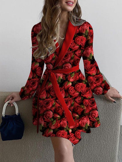 ST-dress Floral print lapel long sleeve lace-up waist dress