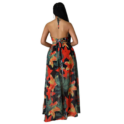 ST-dress plus size floral long suspender printed dress