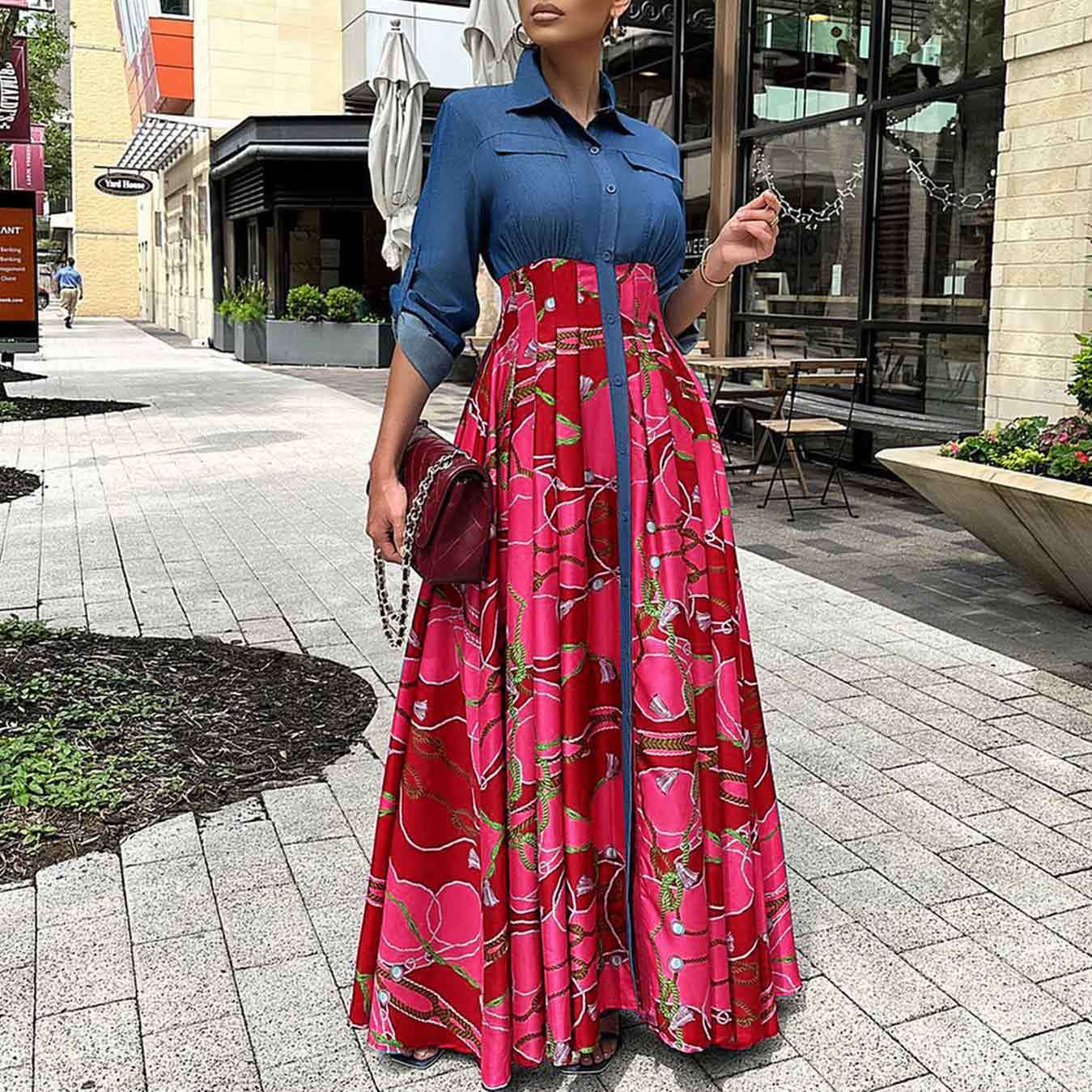 ST-dress plus size Casual denim patchwork printed long skirt big swing dress