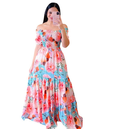 ST-dress plus size One-shoulder, floral, stylish, off-the-shoulder, maxi printed Dress