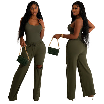 ST-dress U-neck bodysuit holes wide leg pants set