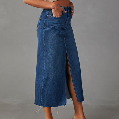 Women's high waisted washed split denim skirt