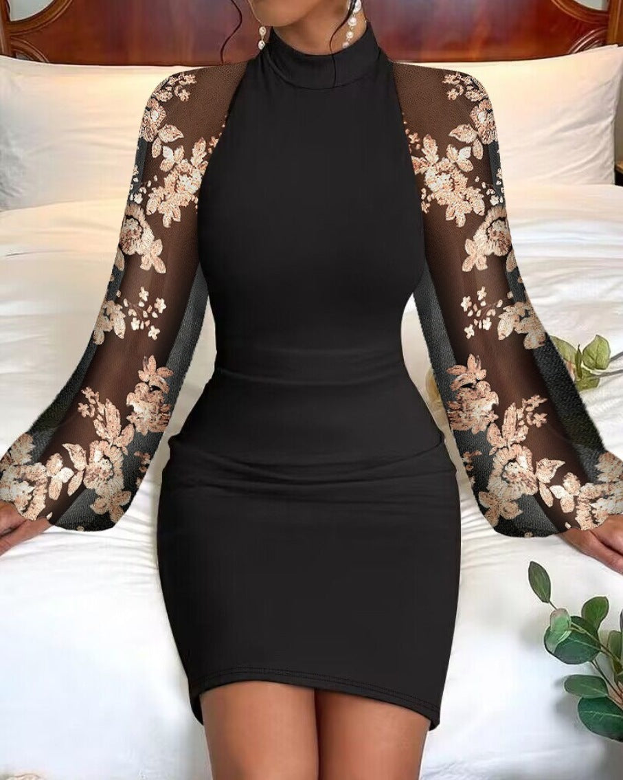 ST-DRESS Sexy Round Neck Lace Long Sleeve Dress