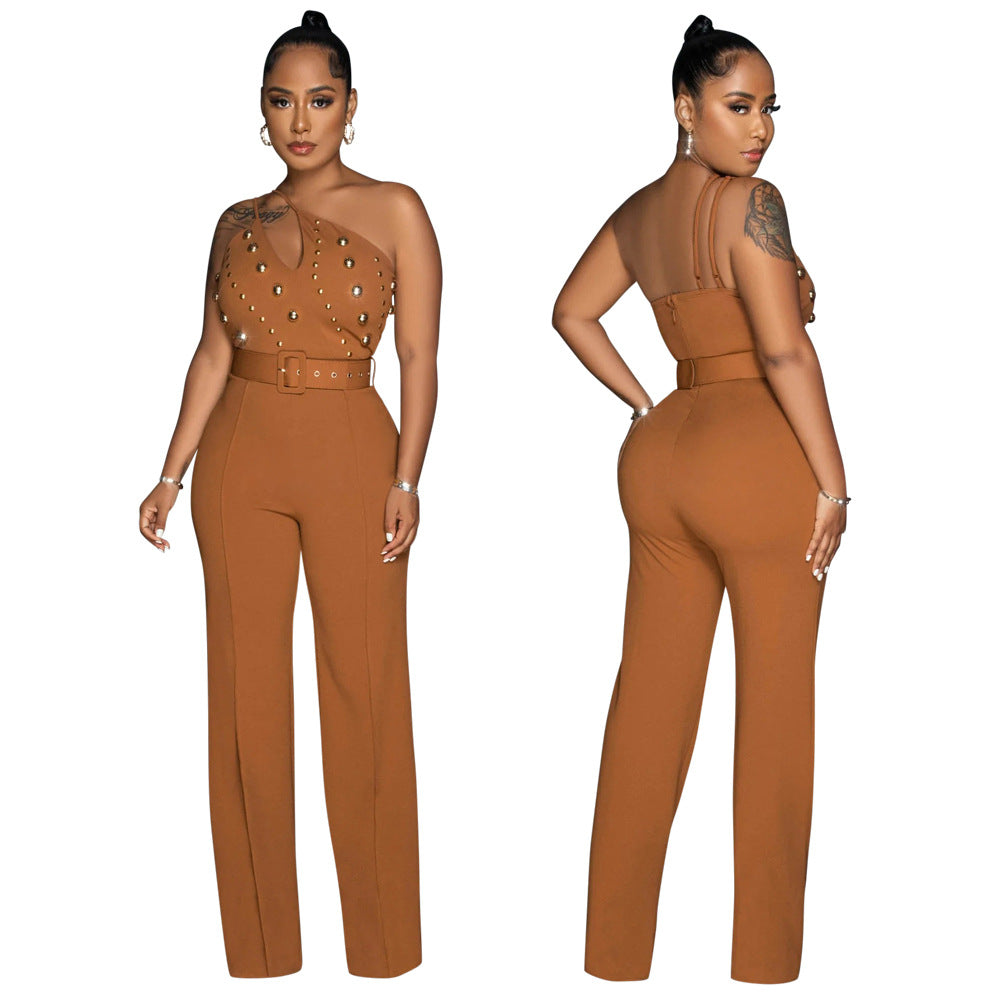 ST-dress Riveted diagonal shoulder hollow jumpsuit