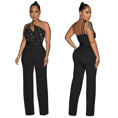 ST-dress Riveted diagonal shoulder hollow jumpsuit