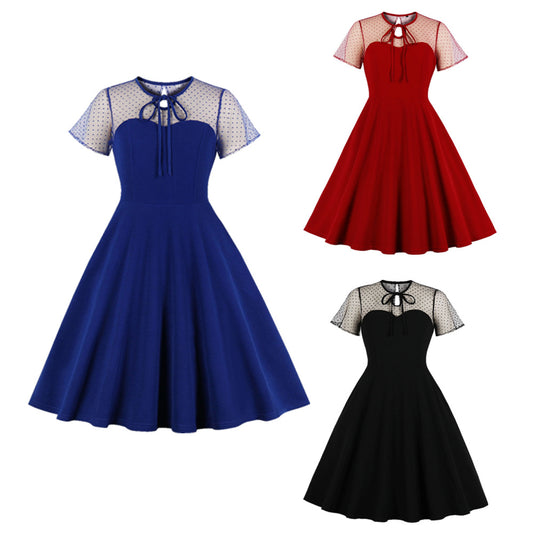 ST-dress Vintage gauze polka-dot patchwork pompadour dress