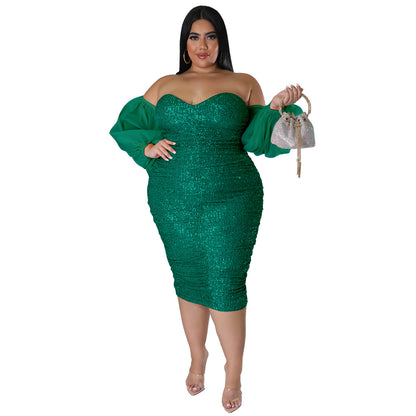 ST-dress plus size sexy sequin strapless solid color evening dress