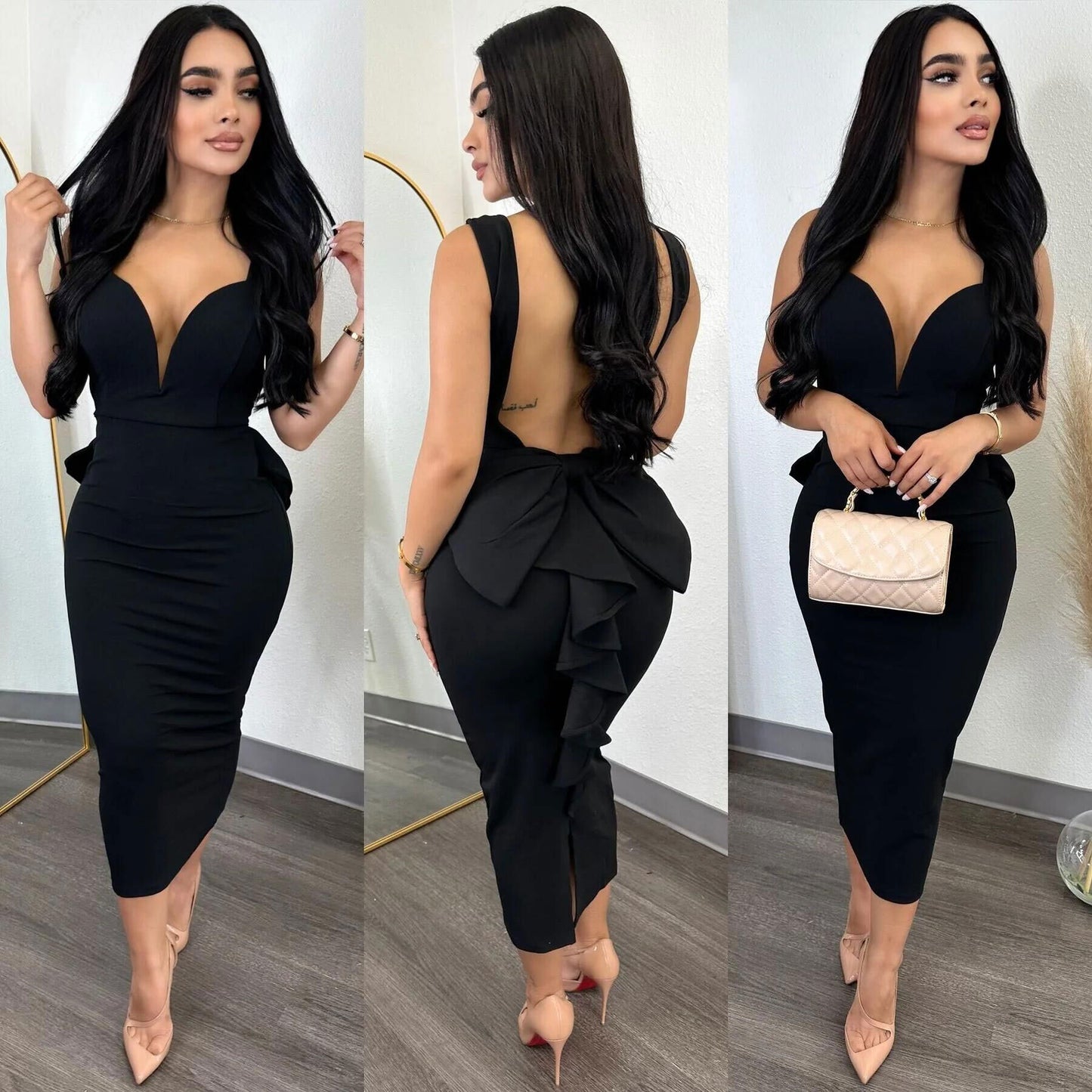 ST-dress plus size Solid color wrap hip open back deep V bow stretch slit dress