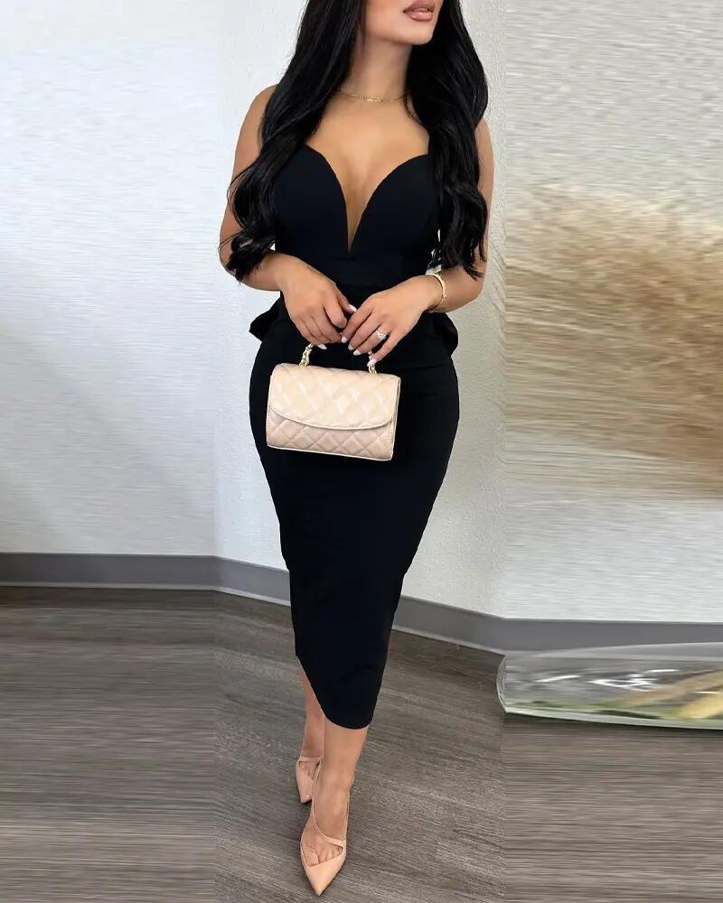 ST-dress plus size Solid color wrap hip open back deep V bow stretch slit dress