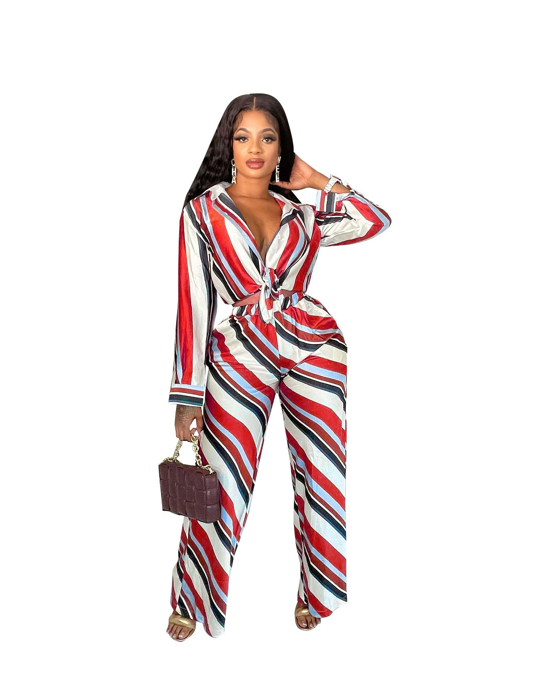 ST-dress print casual striped wide-leg pants two-piece set