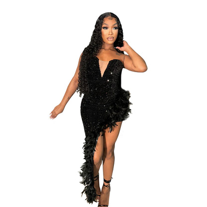 ST-dress Chestless Backless Sequin Feather Dress