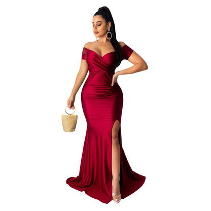 ST-dress V-neck solid color large slit short sleeved long skirt