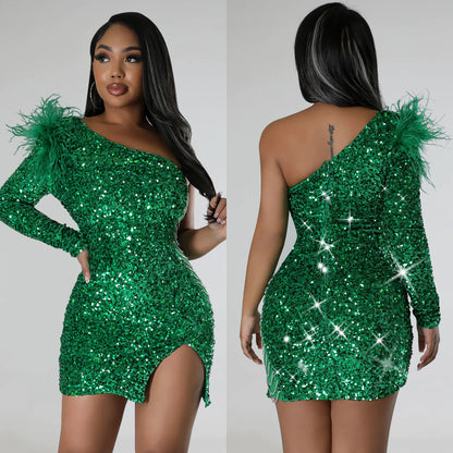 ST-DRESS One Shoulder Feather Sequin Split Dress