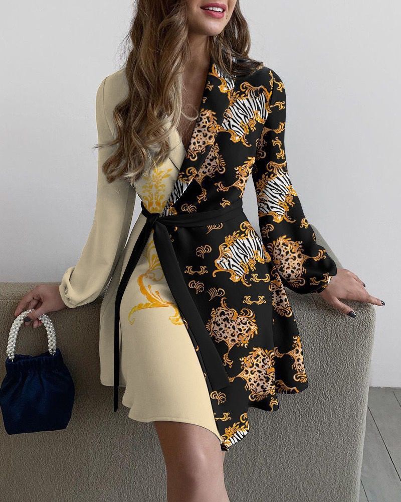 ST-dress Floral print lapel long sleeve lace-up waist dress