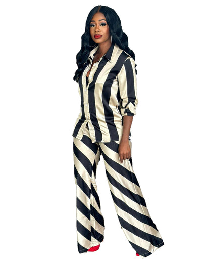 ST-dress print casual striped wide-leg pants two-piece set