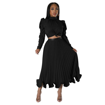 ST-dress Puffy sleeve top ruffled pleated skirt two-piece set