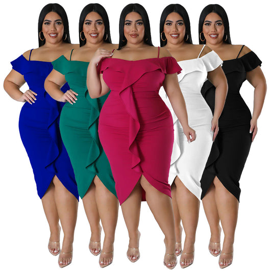 ST-dress plus size women's sweet solid color dress, one line collar, medium length dress