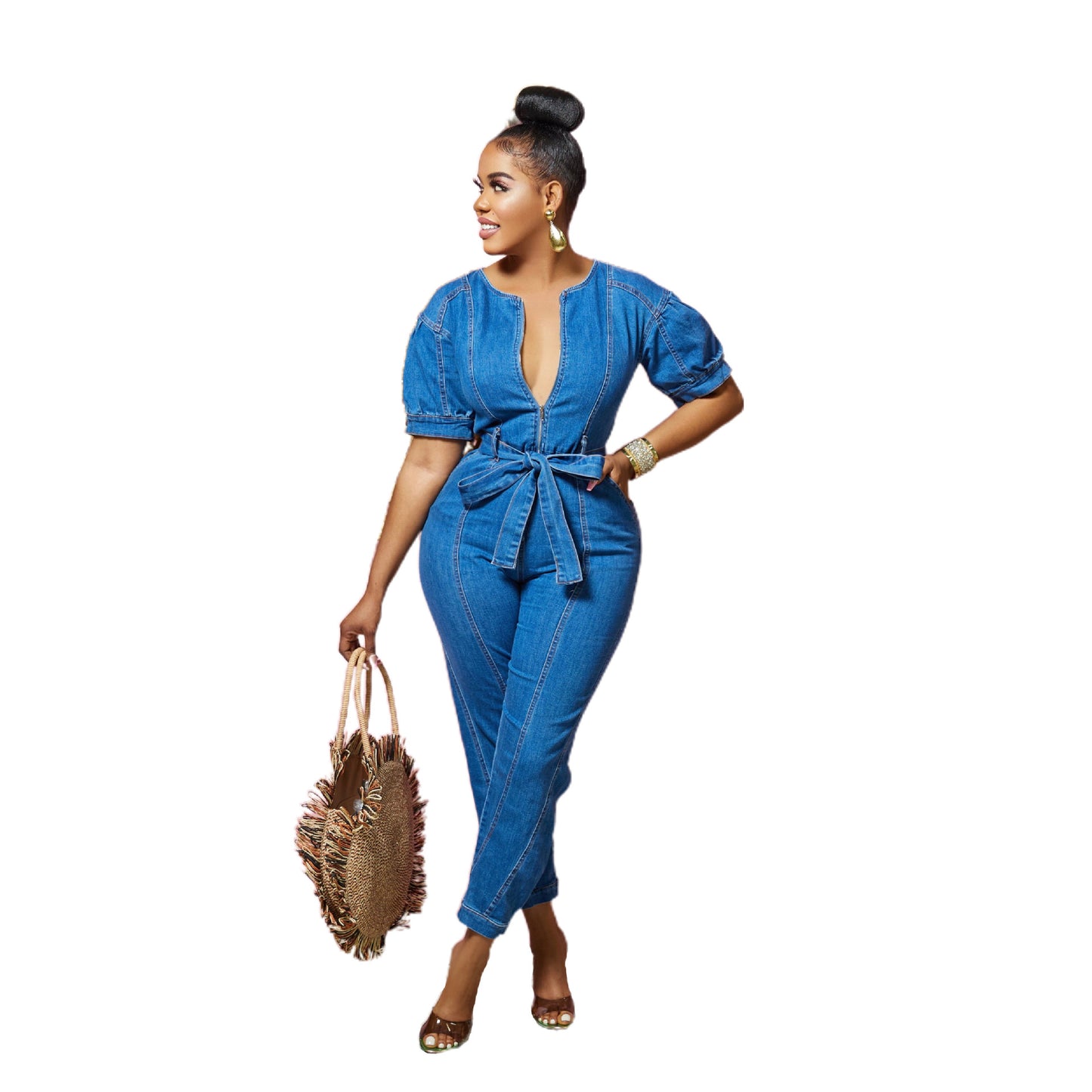 ST-dress Fashion loose jeans short sleeve Jumpsuit