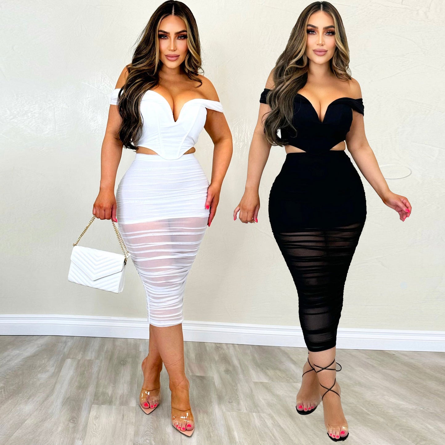 ST-dress Mesh splicing bodycon perspective elastic shoulder two-piece set