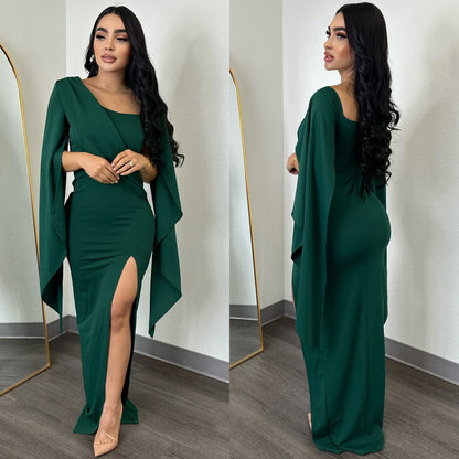 ST-dress Solid color long sleeve split pleated maxi dress