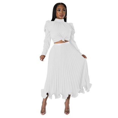 ST-dress Puffy sleeve top ruffled pleated skirt two-piece set