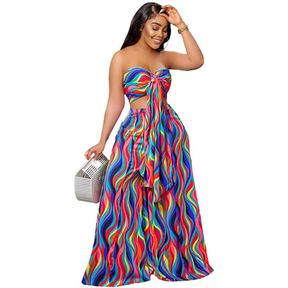 ST-DRESS Two piece set of printed bandage, strapless and wide leg pants