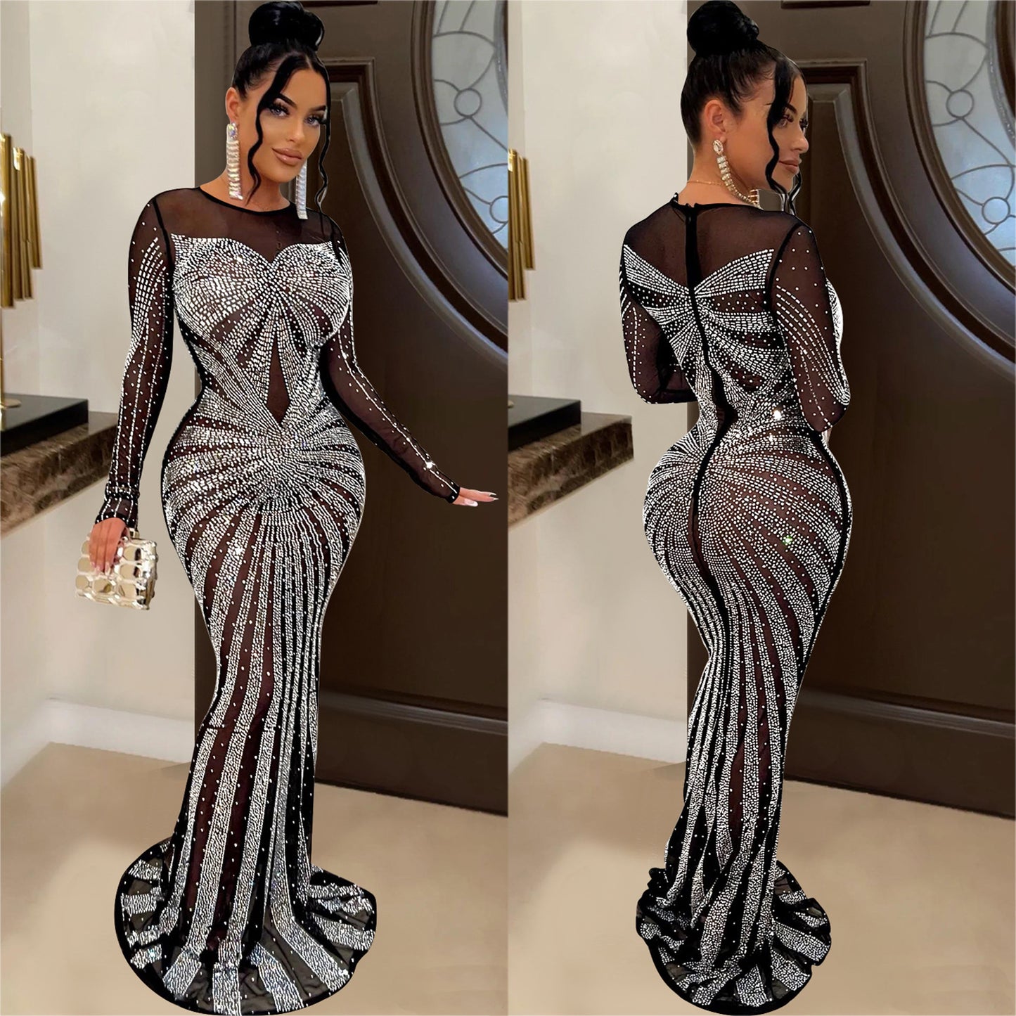 ST-dress Solid color mesh perspective hot diamond long sleeve maxi dress