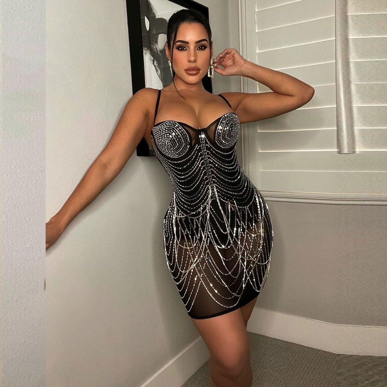 Sexy plus size slim fit hot diamond tassel dress