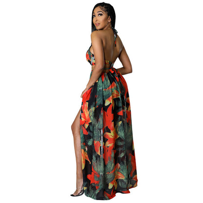 ST-dress plus size floral long suspender printed dress