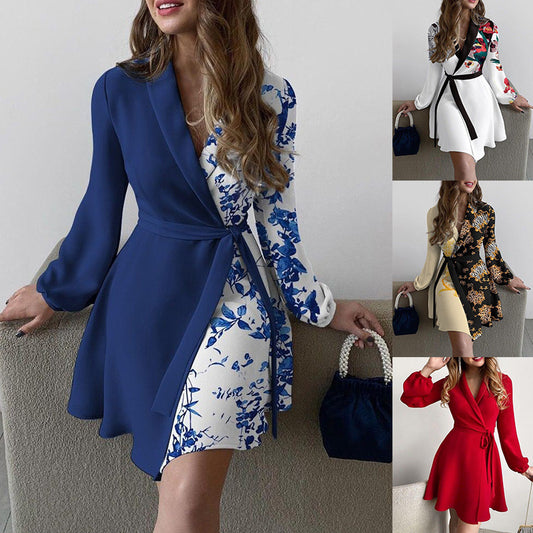 ST-dress Floral print lapel long sleeve lace-up waist dress