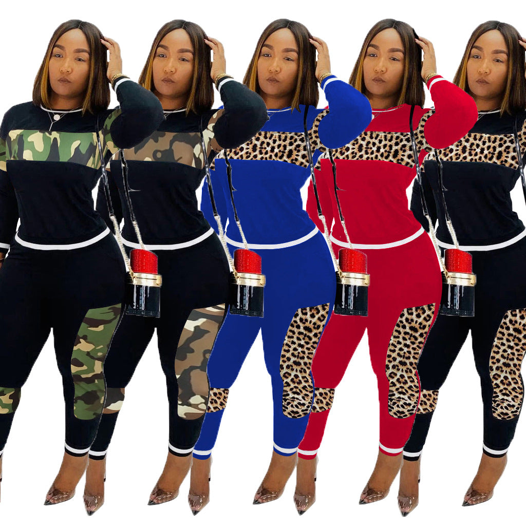 ST-dress Casual round neck leopard print camouflage patchwork pants set