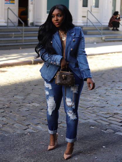 ST-dress Casual double breasted denim coat