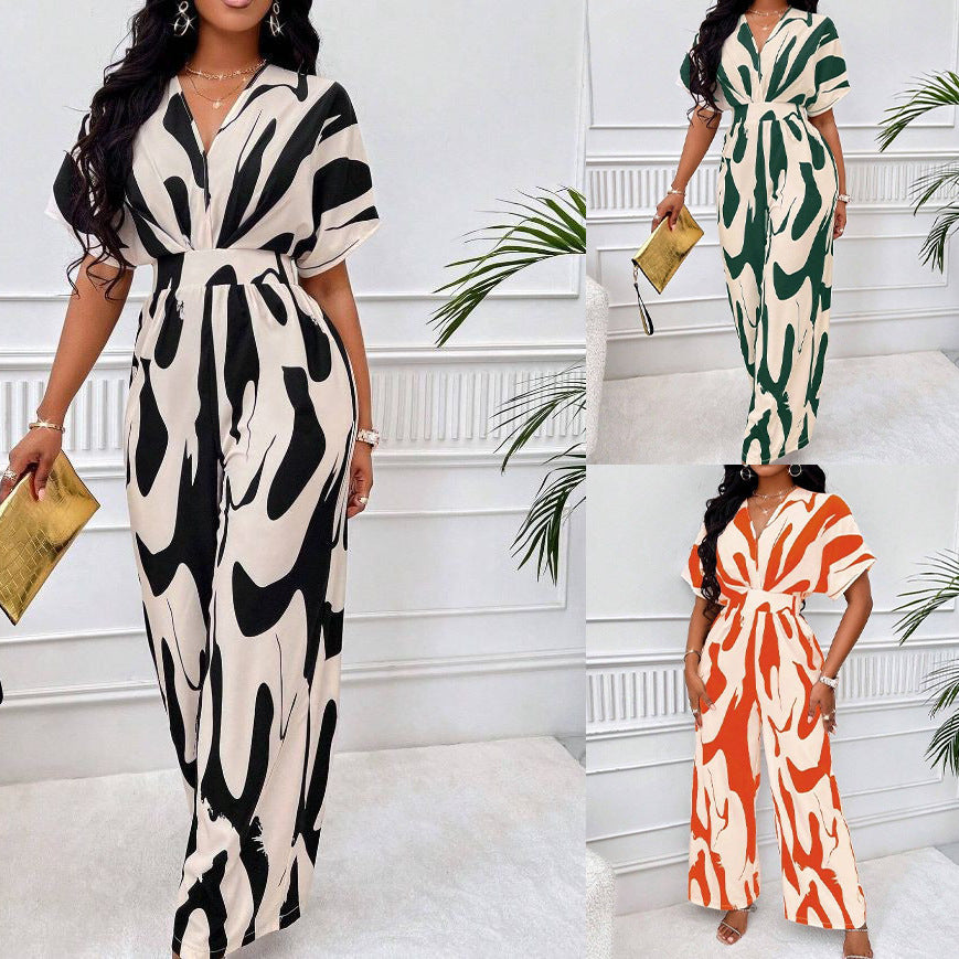 ST-dress Printed bat sleeve wide leg jumpsuit